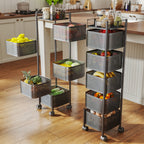 5-Tier Rotating Kitchen Storage Basket on Wheels Metal Fruit Vegetable Rack Rolling Floor Standing Trolley for Kitchen Bathroom Square Black White
