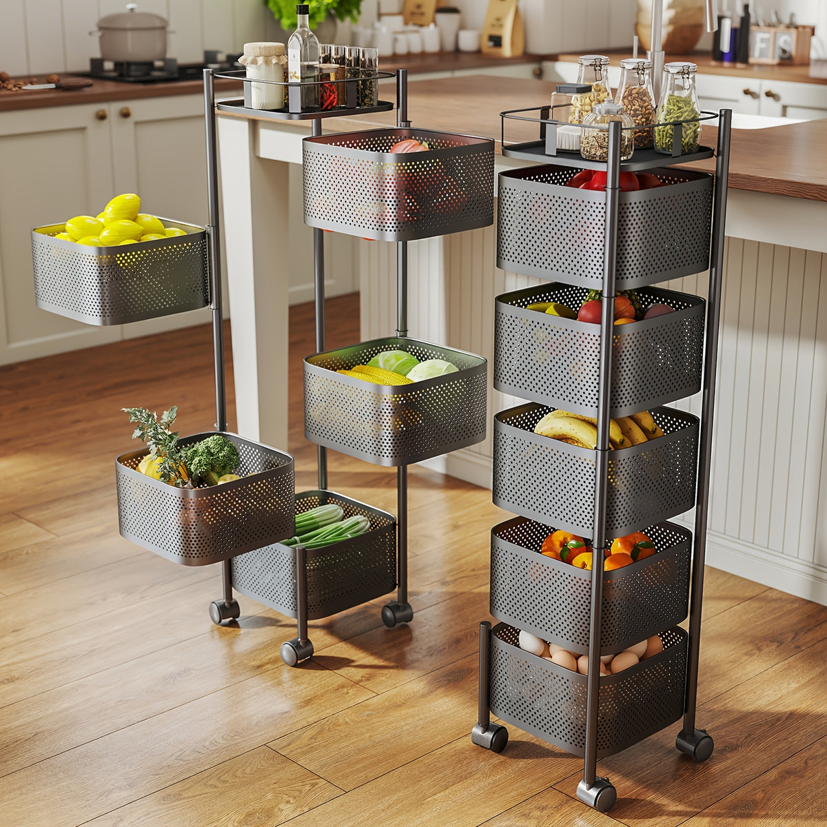 5-Tier Rotating Kitchen Storage Basket on Wheels Metal Fruit Vegetable Rack Rolling Floor Standing Trolley for Kitchen Bathroom Square Black White