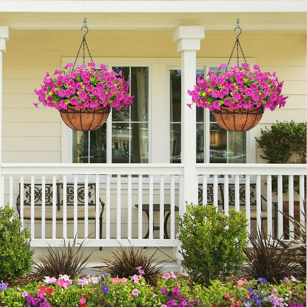 UV-Resistant Artificial Hanging Flowers with Container – Fake Petunia Hanging Plants in 6 Colors, Realistic Faux Blooms for Outdoor Garden, Patio, Porch, Balcony Railing, Wedding & Mother’s Day Decor