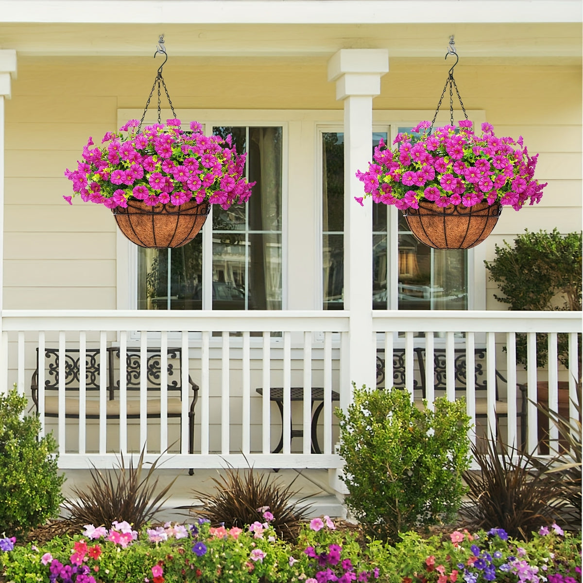 UV-Resistant Artificial Hanging Flowers with Container – Fake Petunia Hanging Plants in 6 Colors, Realistic Faux Blooms for Outdoor Garden, Patio, Porch, Balcony Railing, Wedding & Mother’s Day Decor
