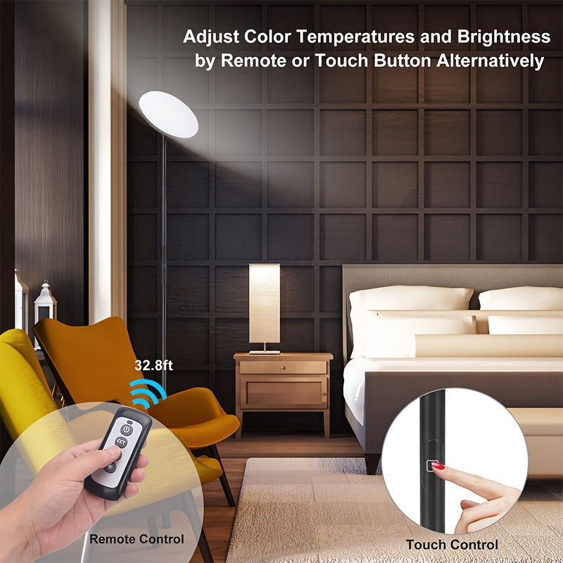 30W LED Torchiere Floor Lamp with Remote & Touch Control - 2400LM 3 Color Temperatures Modern Standing Pole Uplight for Living Room Bedroom Office, Black
