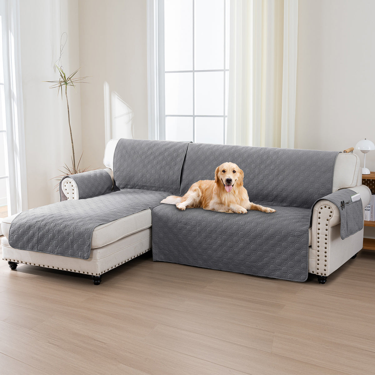 L-Shaped Sectional Sofa Cover 100% Liquid-Resistant Couch Slipcover with Non-Slip Straps for Dogs Cats Pets Left Right Chaise