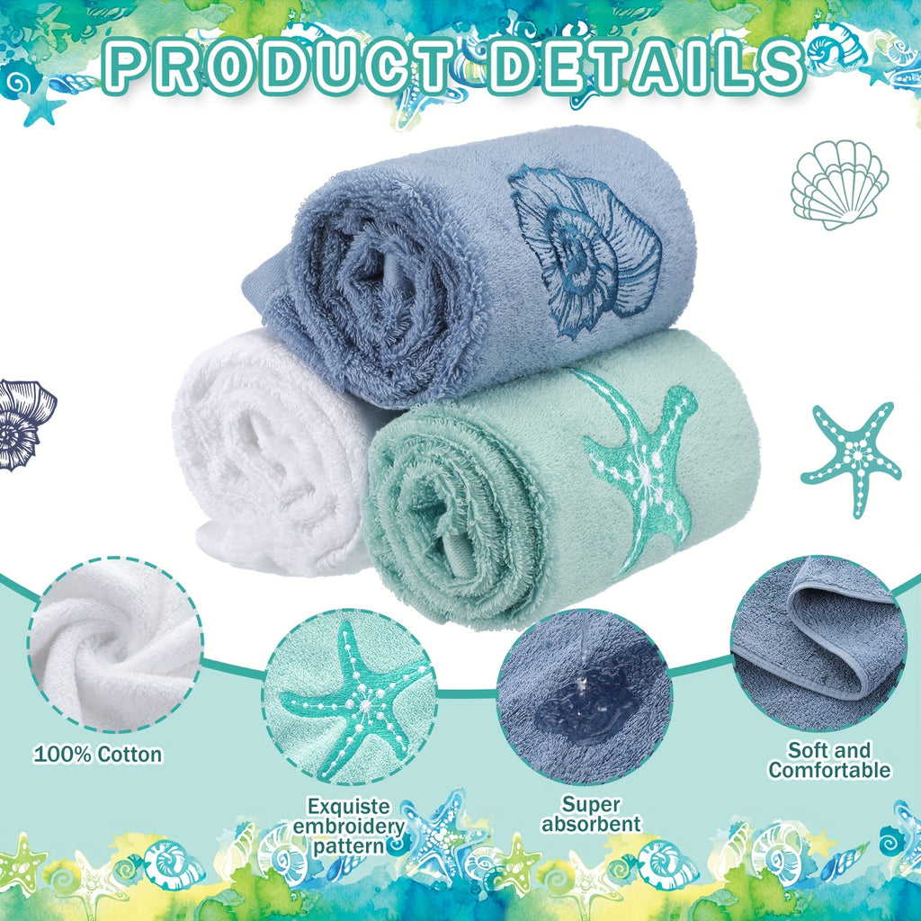 Coastal Hand Towels 3 Pack 100% Cotton - Embroidered Ocean Bathroom Towels 13.78x29.53 Inch, Soft Absorbent Classic Beach Hand Towel Set for Bathroom, Kitchen & Guest Room