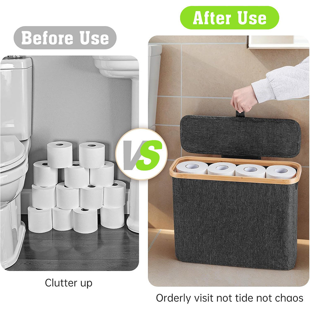Bamboo Toilet Paper Storage Basket with Lid Holds 12 Rolls, Multi-Functional Bathroom Organizer with Tissue Holder Hook – Countertop Bathroom Decor, Black, Gray, White & Purple