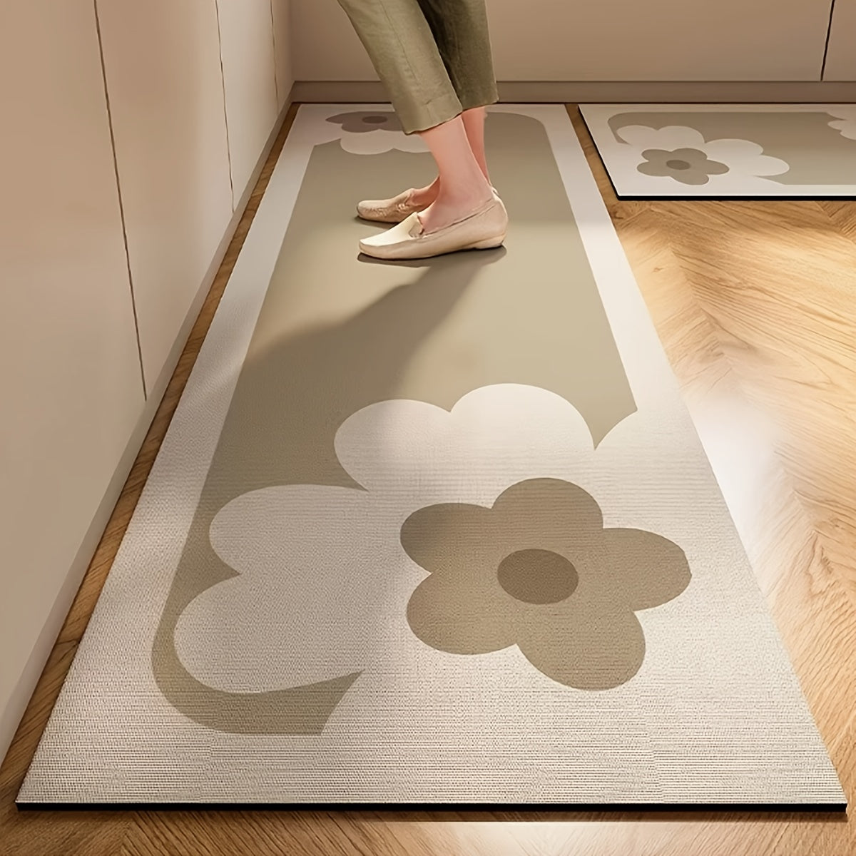 Nordic Style Kitchen Mat Thickened Absorbent Non-Slip Rubber Backing Floral Beige Brown 2 Sizes – Durable High Traffic Floor Mat