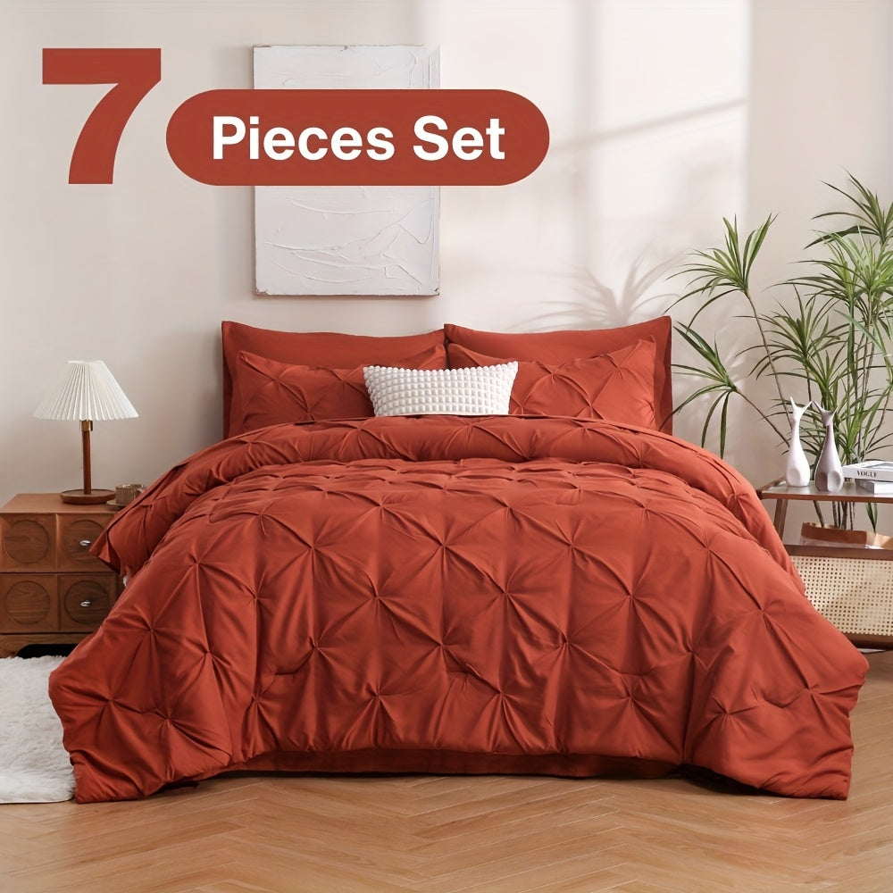 5/7pcs Pintuck Bed In A Bag Comforter Sets, Pinch Pleat Complete Bedding Sets with Comforter, Sheets & Pillowcases, Queen/King Size, All Season