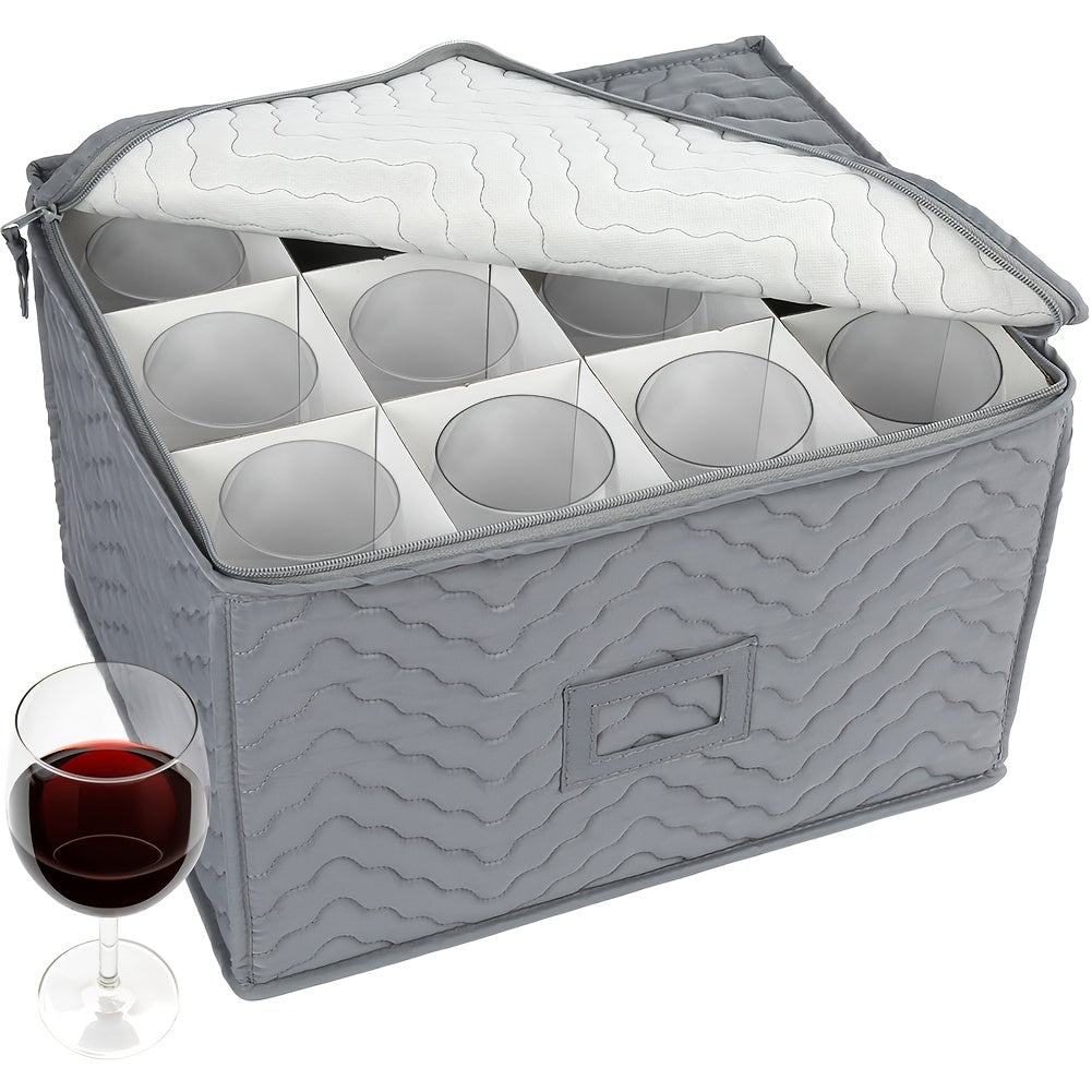 Quilted Stemware Storage Case 12-Compartment Wine Glass Storage Box with Dividers Collapsible 15.5x12.5x10in – Gray