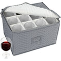 Quilted Stemware Storage Case 12-Compartment Wine Glass Storage Box with Dividers Collapsible 15.5x12.5x10in – Gray