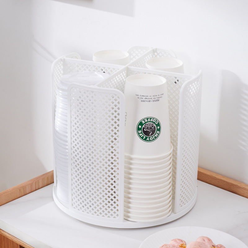 Rotating Paper Cup Holder with 4 Compartments | Disposable Coffee Cup Dispenser & Lid Rack for Countertop, Kitchen, Coffee Station & Bathroom | White or Black