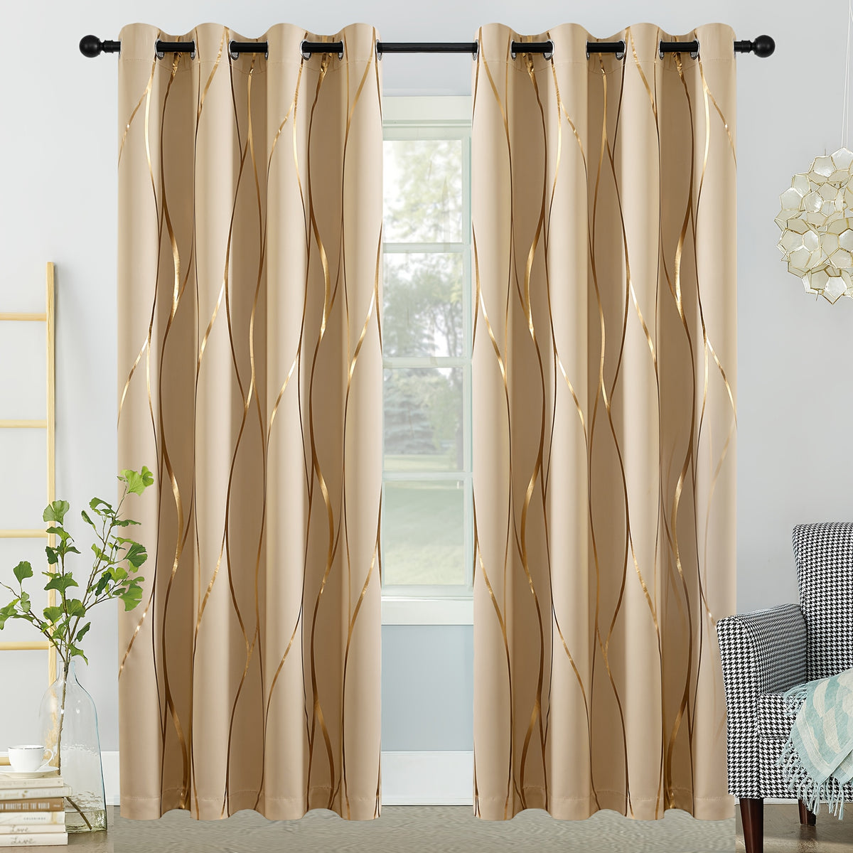 Blackout Curtains Glam Style 2 Panels - Grommet Top Room Darkening Drapes with Gold Foil Wave Pattern, Thickened Polyester Heat Insulation for Living Room & Bedroom