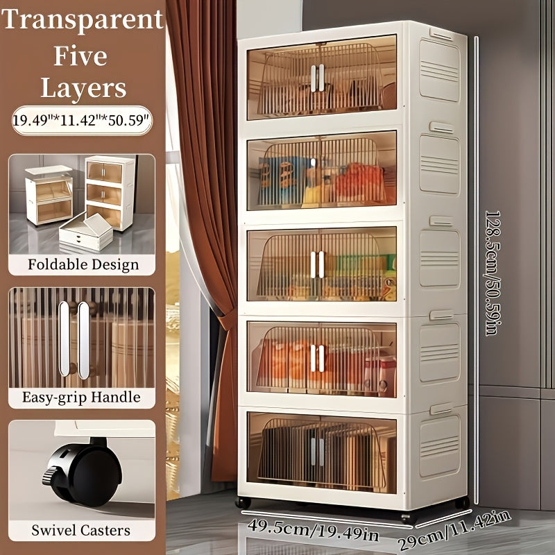 Stackable Foldable Storage Cabinet with Lids – Rolling Wardrobe Organizer 3/4/5/6 Tier with Magnetic Doors, 360° Wheels & Handles for Bedroom, Closet, Kitchen & Office