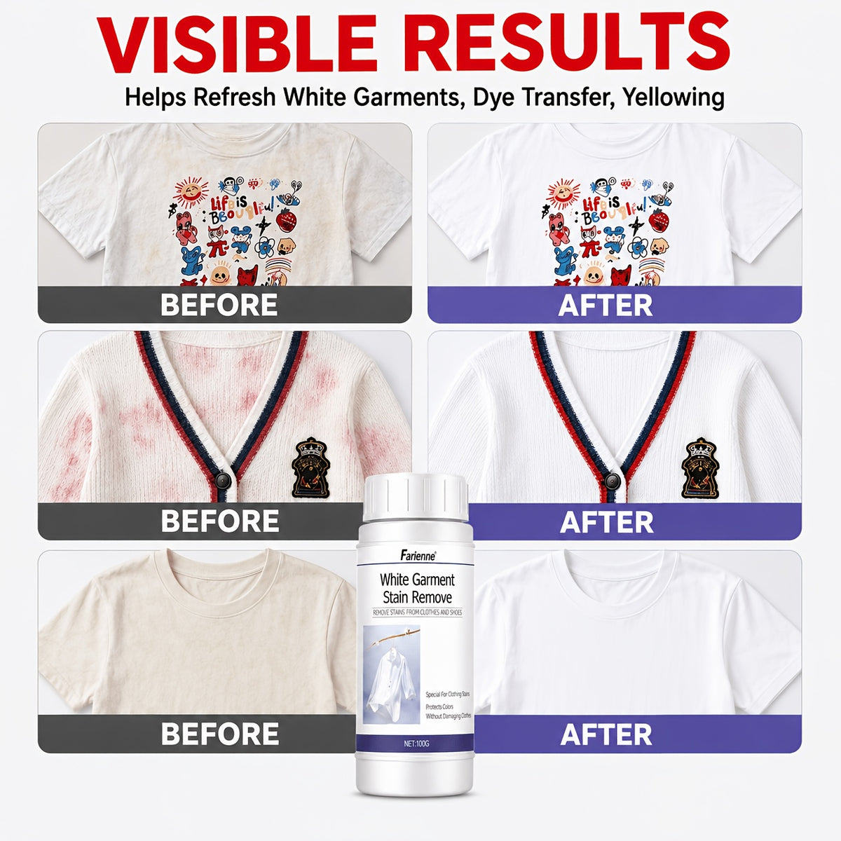 White Fabric Brightener & Yellowing Remover Powder - Color-Restoring Bleaching Agent for White Clothes Anti-Color-Bleeding Whitening Laundry Treatment