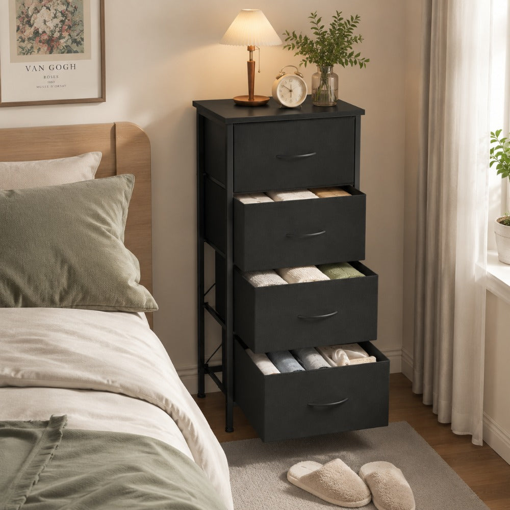 Fabric Dresser with 4 Drawers – Reinforced Edition, Wooden Top & Sturdy Metal Frame, Bedroom Storage Cabinet for Closet, Entryway & Dorm | 6 Colors