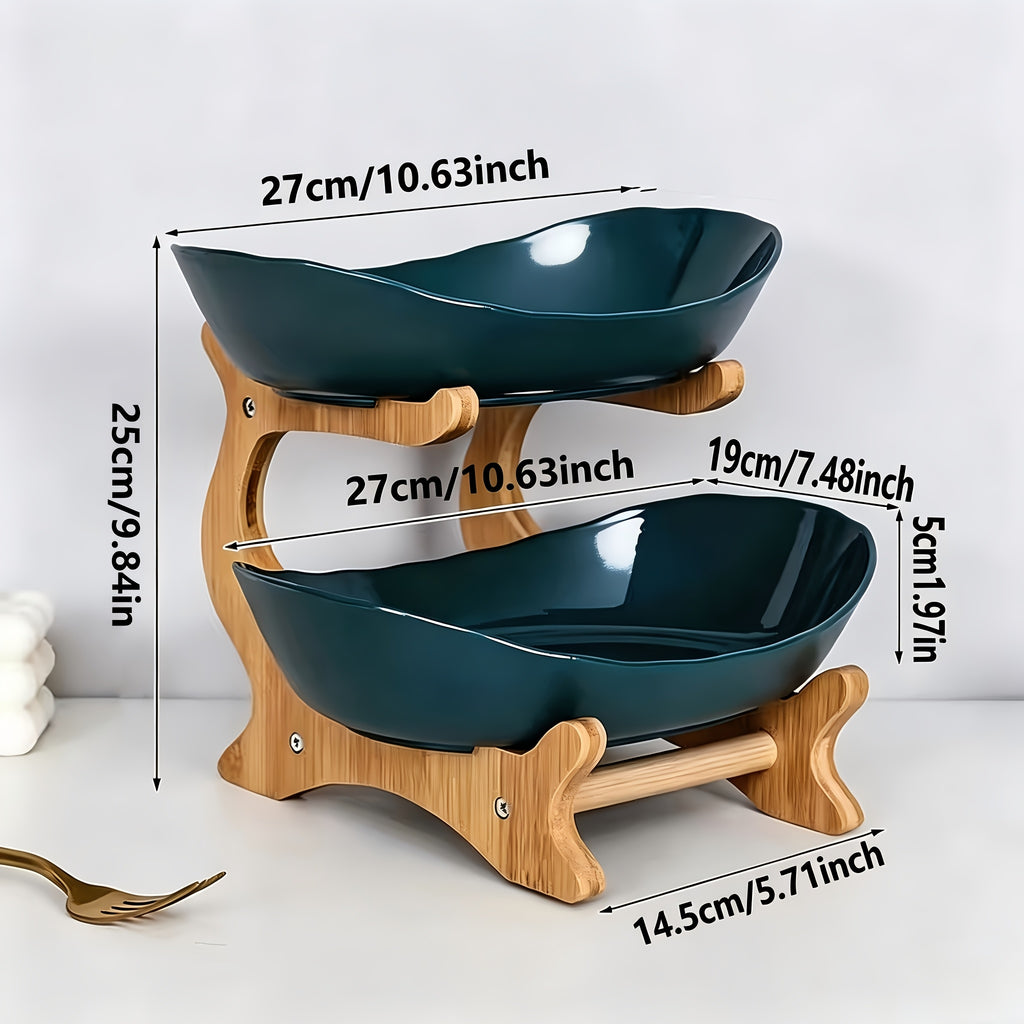 Stackable Tiered Fruit Plate with Wood-Look Design, 2 or 3 Tier Plastic Serving Tray Stand for Snacks, Bread & Fruit, Space-Saving Living Room Kitchen Countertop Organizer, Easy to Assemble