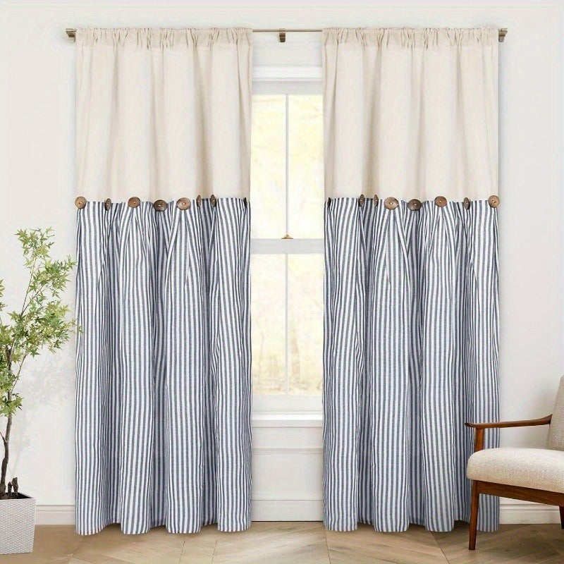 Striped Patchwork Semi-Sheer Rod Pocket Curtains – Bohemian Tiered Window Panels for Bedroom, Living Room, Kitchen, Bathroom & Cafe | 1 or 2 Pcs