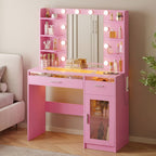 Vanity Desk with Lighted Mirror | 3-Color LED Lights, Multiple Drawers, Open Storage & Power Outlet – White Bedroom Makeup Vanity