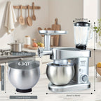 Stand Mixer 6-in-1 with 6.3QT Stainless Steel Bowl, 400W 6-Speed Tilt-Head Kitchen Mixer with Dough Hook, Egg Beater, Whisk, Juicer & Meat Grinder Attachments