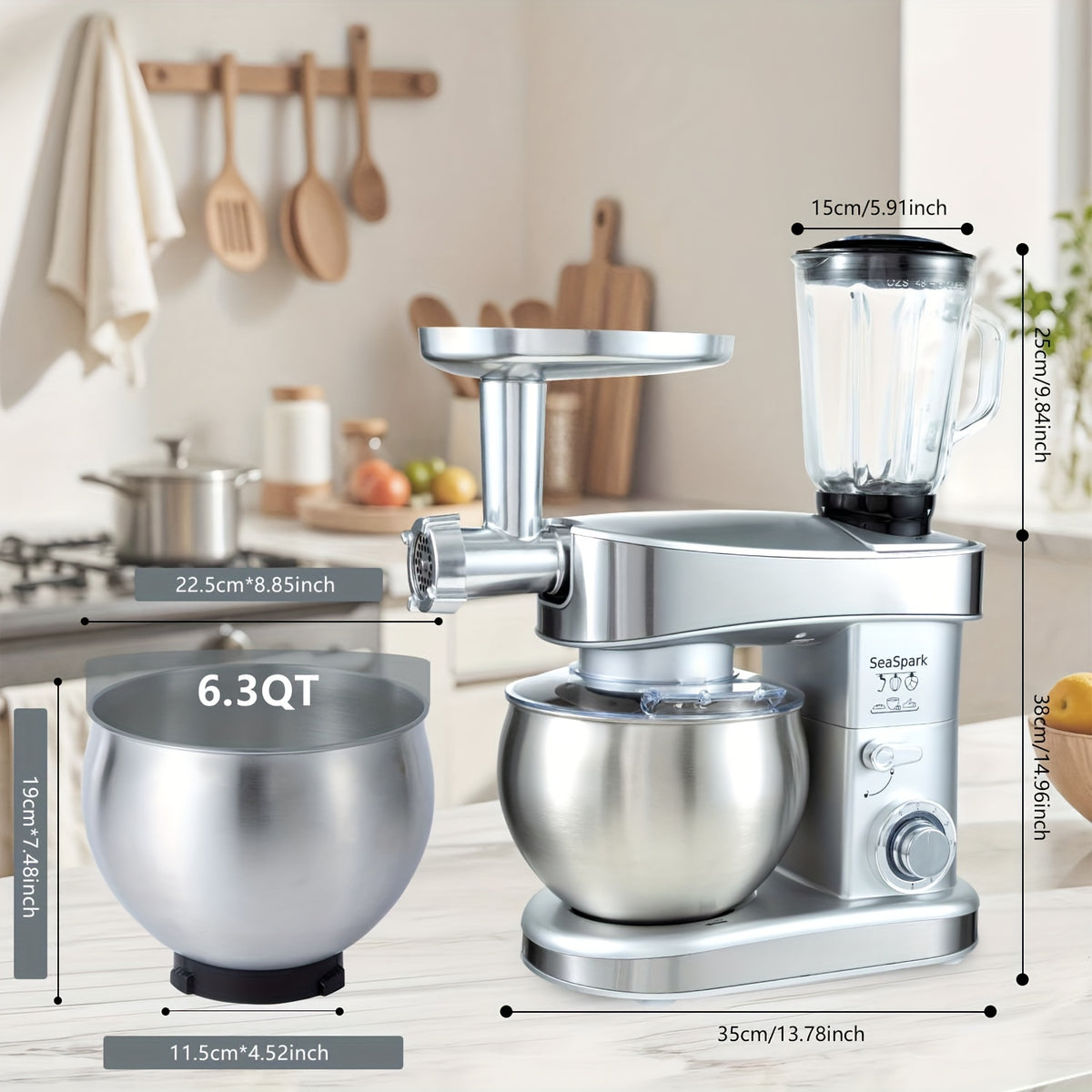 Stand Mixer 6-in-1 with 6.3QT Stainless Steel Bowl, 400W 6-Speed Tilt-Head Kitchen Mixer with Dough Hook, Egg Beater, Whisk, Juicer & Meat Grinder Attachments