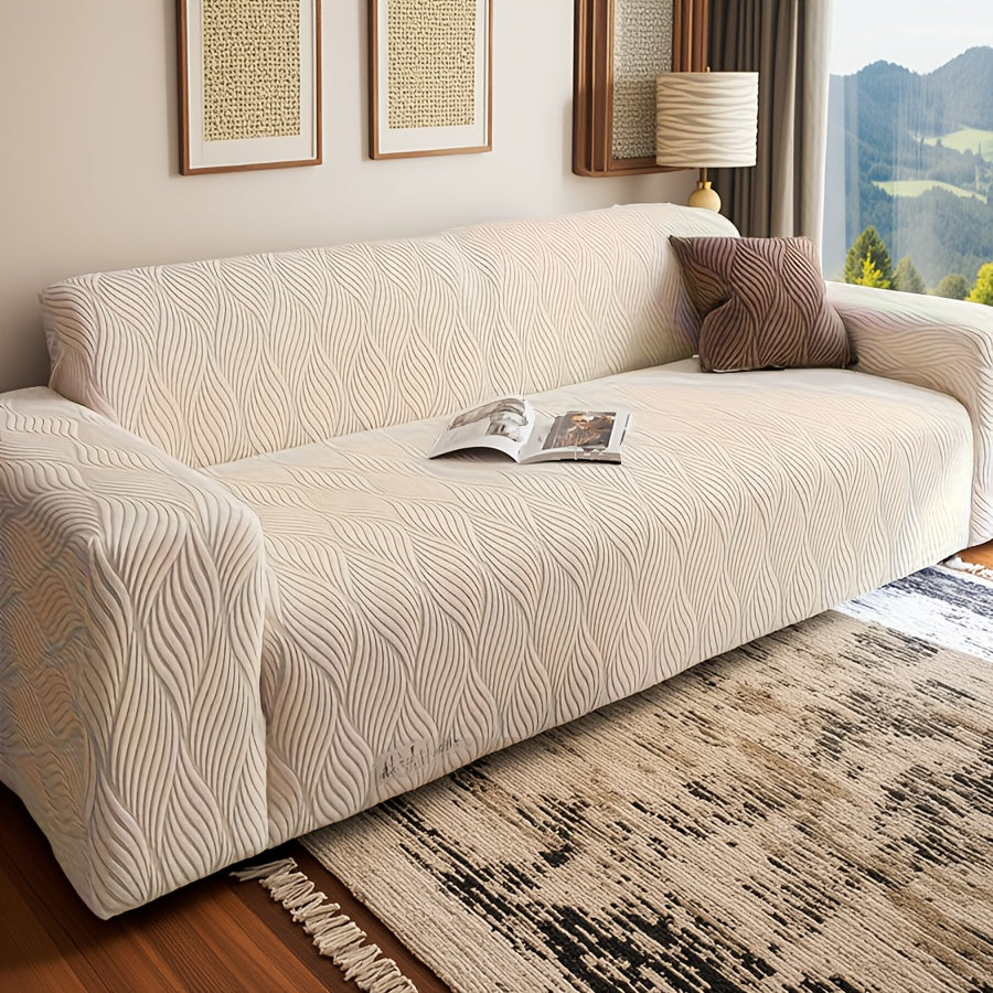 Jacquard Elastic Sofa Cover – Modern Artistic Slip-Resistant Couch Slipcover | All-Season Polar Fleece Furniture Protector for Living Room, Office & Bedroom | Includes Free Pillow Cover | 1-4 Seater