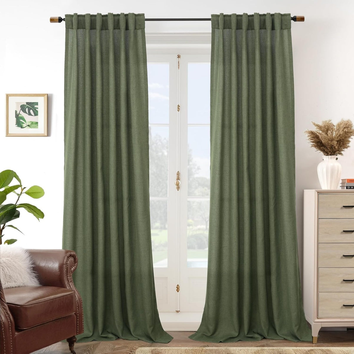 Linen Semi-Sheer Curtains 2 Panels Real Flax Light Filtering Drapes - Boho Farmhouse Window Curtains for Living Room Bedroom, 10 Colors Multiple Lengths Privacy Window Treatment