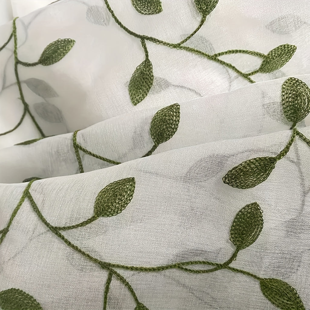 Ivy Leaf Embroidery Sheer Curtains Set of 2, White Gauze Green Botanical Rod Pocket Panels for Living Room Bedroom, 3 Sizes