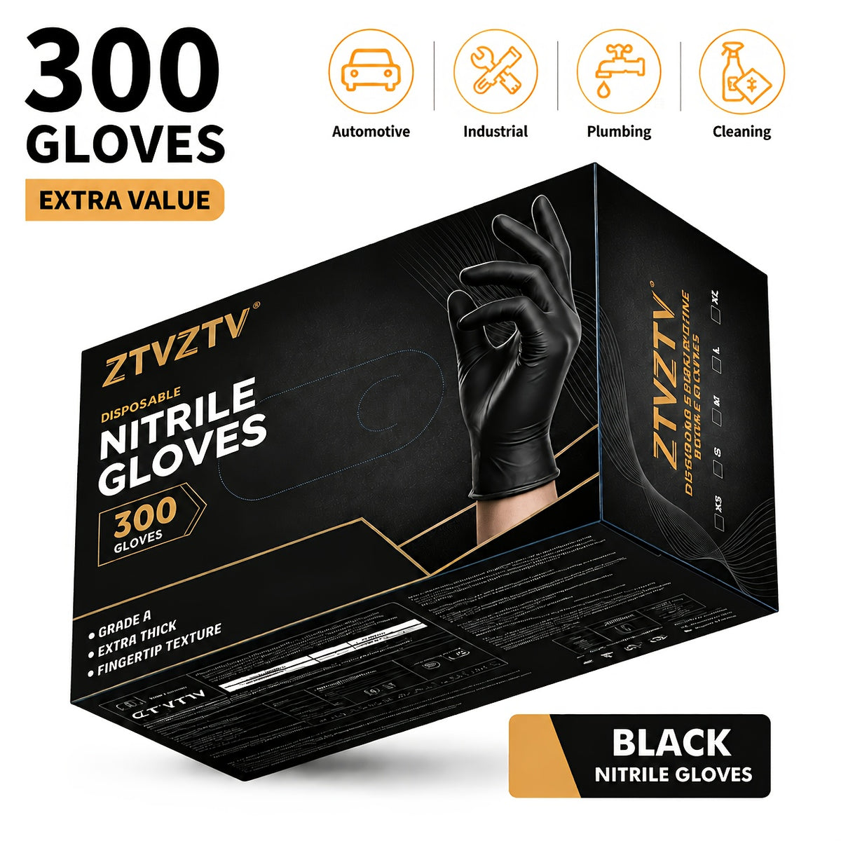300 Pcs Black Nitrile Disposable Gloves Thickened High-Density S M L XL for Kitchen Cleaning Tattoo Beauty Salon