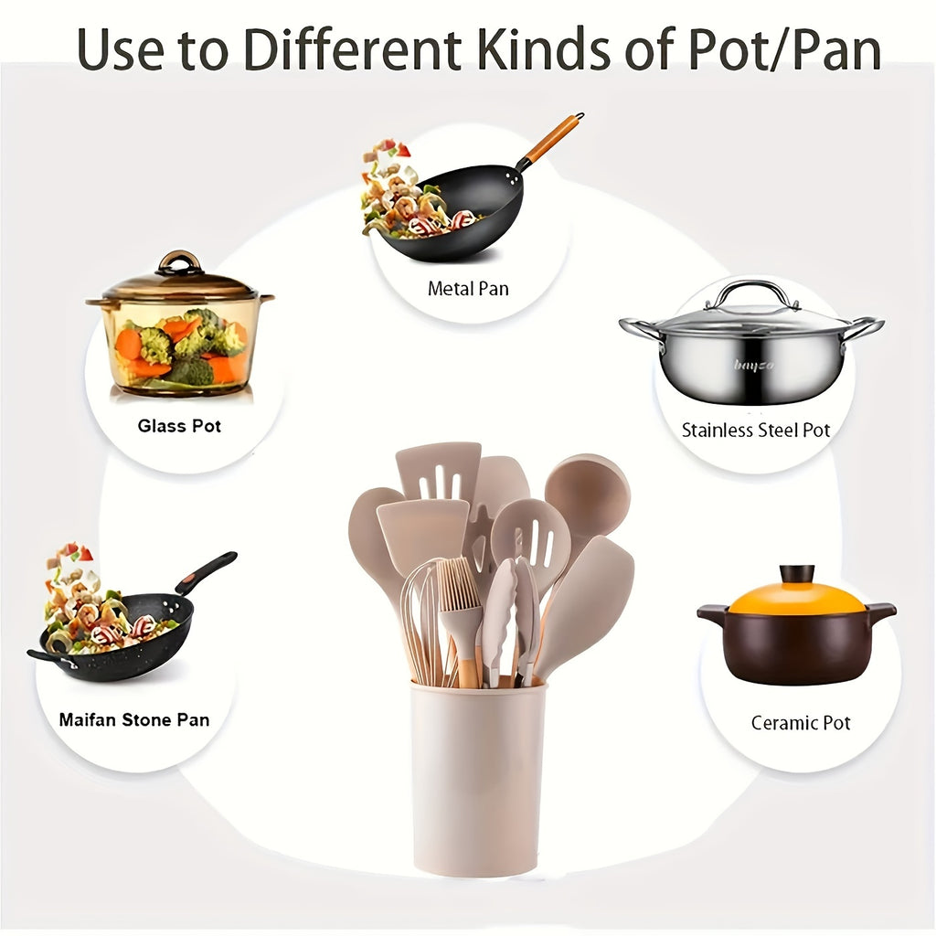 Silicone Kitchen Utensil Set 12 Piece with Wooden Handles - Non-Stick Heat Resistant Cooking Tools for Home, Dorm & Baking, Colorful Kitchen Gadgets Gift Set