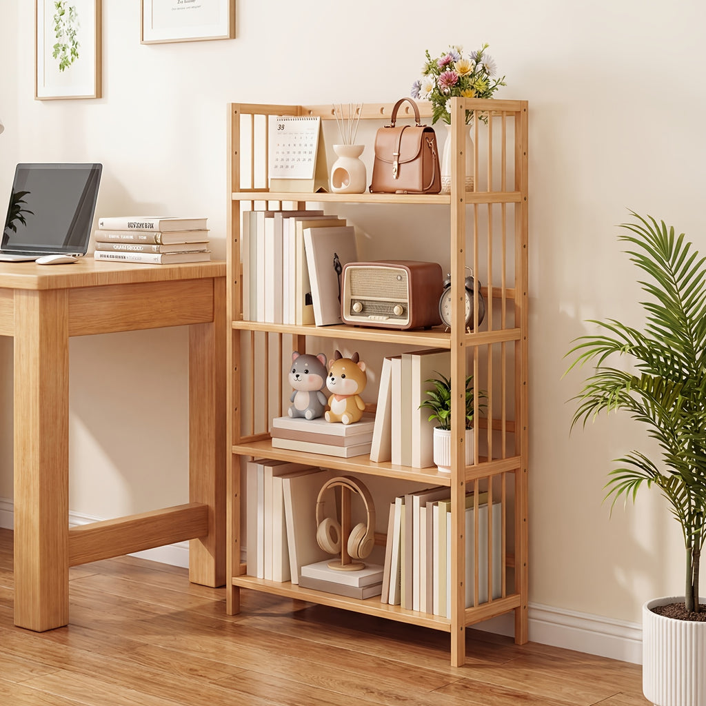 Bamboo Bookshelf Narrow 4 or 5 Tier Adjustable Shelves – Natural Wooden Bookcase Standing Storage Shelf Organizer for Small Spaces, Bedroom, Living Room & Home Office