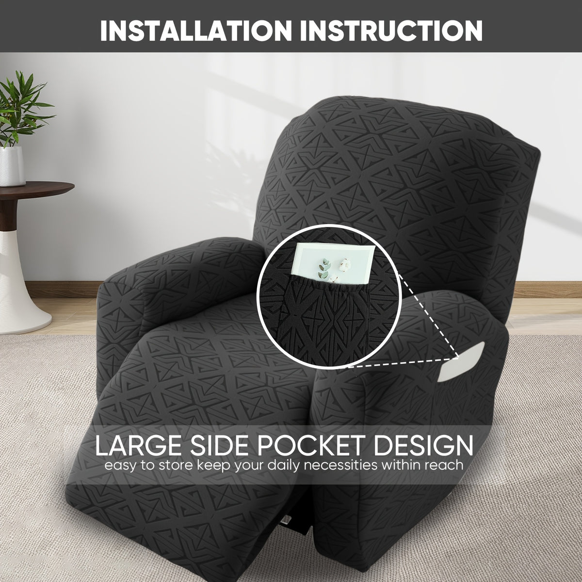 Stretch Recliner Chair Covers 4-Piece Set Non-Slip Elastic Bottom Slipcovers for Reclining Chair – 92% Polyester Polar Fleece Furniture Protector for Living Room Pet Scratch Stain Protection