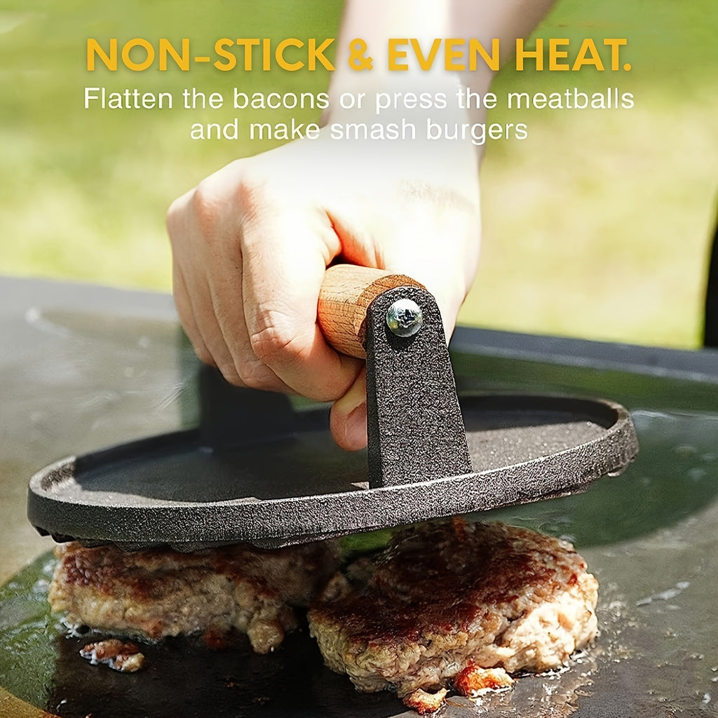 Cast Iron Smash Burger Press – Heavy Duty Dual-Size Beef Patty Smasher with Ergonomic Wood Handle, Grill Press for BBQ & Kitchen Smash Burgers, Round & Square