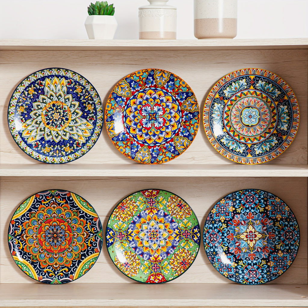 Bohemian Stoneware Dinner Plate Set of 6 – 10.5 Inch Colorful Hand-Painted Ceramic Plates | Microwave & Dishwasher Safe | Home, Restaurant & Wall Decor