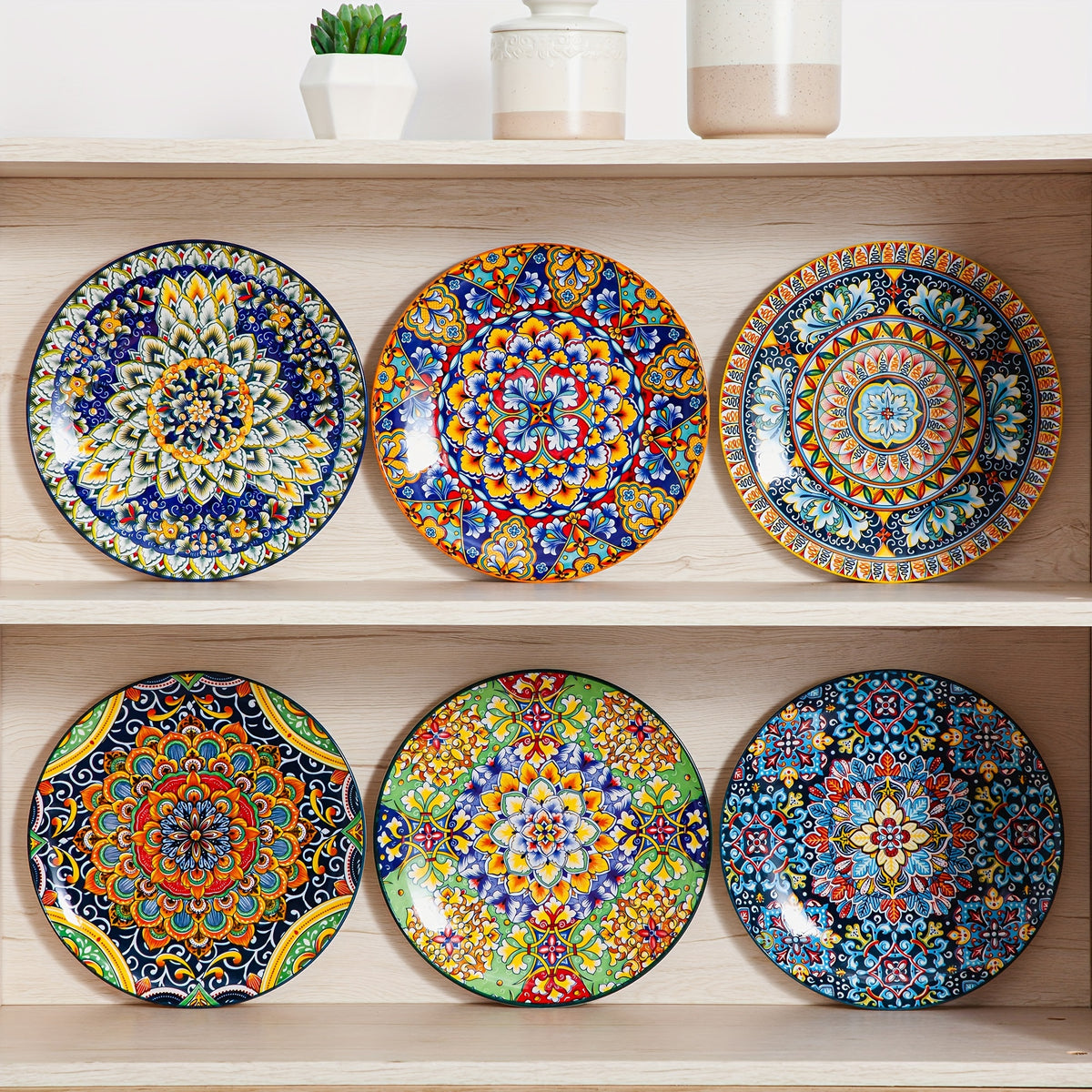 Bohemian Stoneware Dinner Plate Set of 6 – 10.5 Inch Colorful Hand-Painted Ceramic Plates | Microwave & Dishwasher Safe | Home, Restaurant & Wall Decor