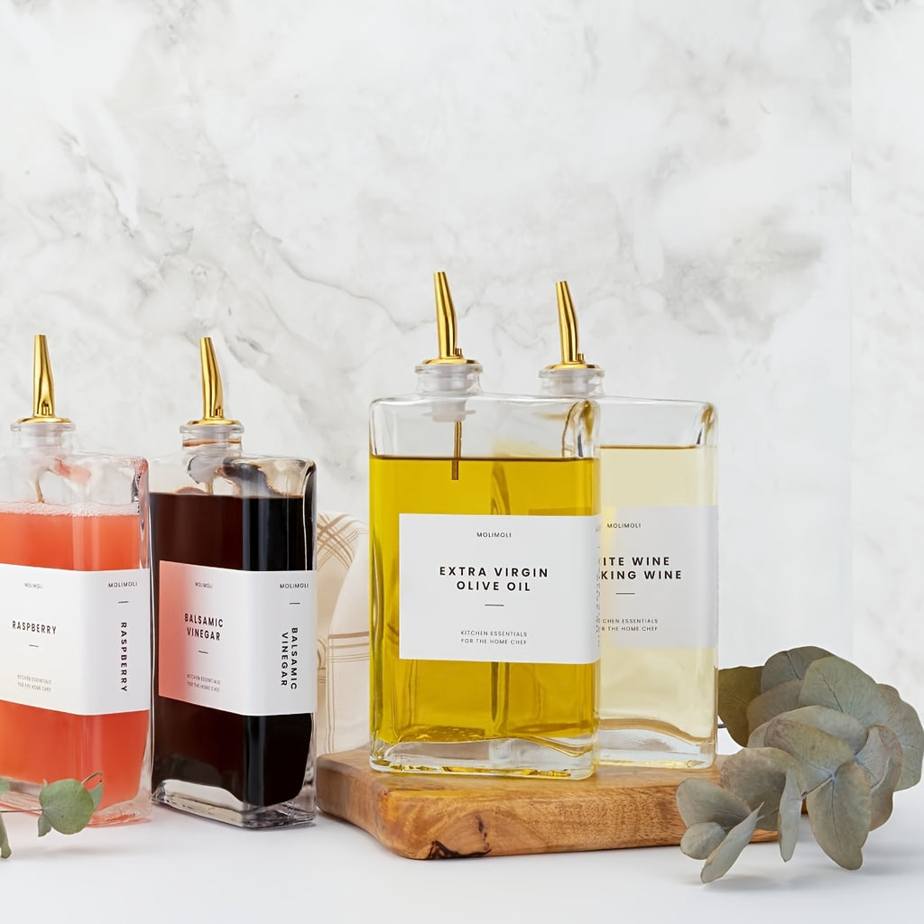 Glass Oil & Vinegar Dispenser Bottles Set – 350ml Rectangular Kitchen Dispensers for Olive Oil, Soy Sauce & Coffee Syrup, 2-Pack or 4-Pack in Gold, Silver or Black