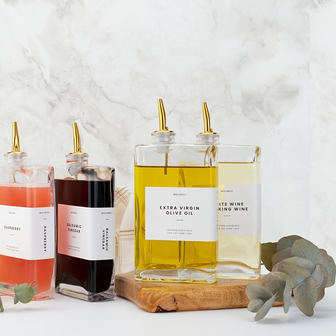 Glass Oil & Vinegar Dispenser Bottles Set – 350ml Rectangular Kitchen Dispensers for Olive Oil, Soy Sauce & Coffee Syrup, 2-Pack or 4-Pack in Gold, Silver or Black