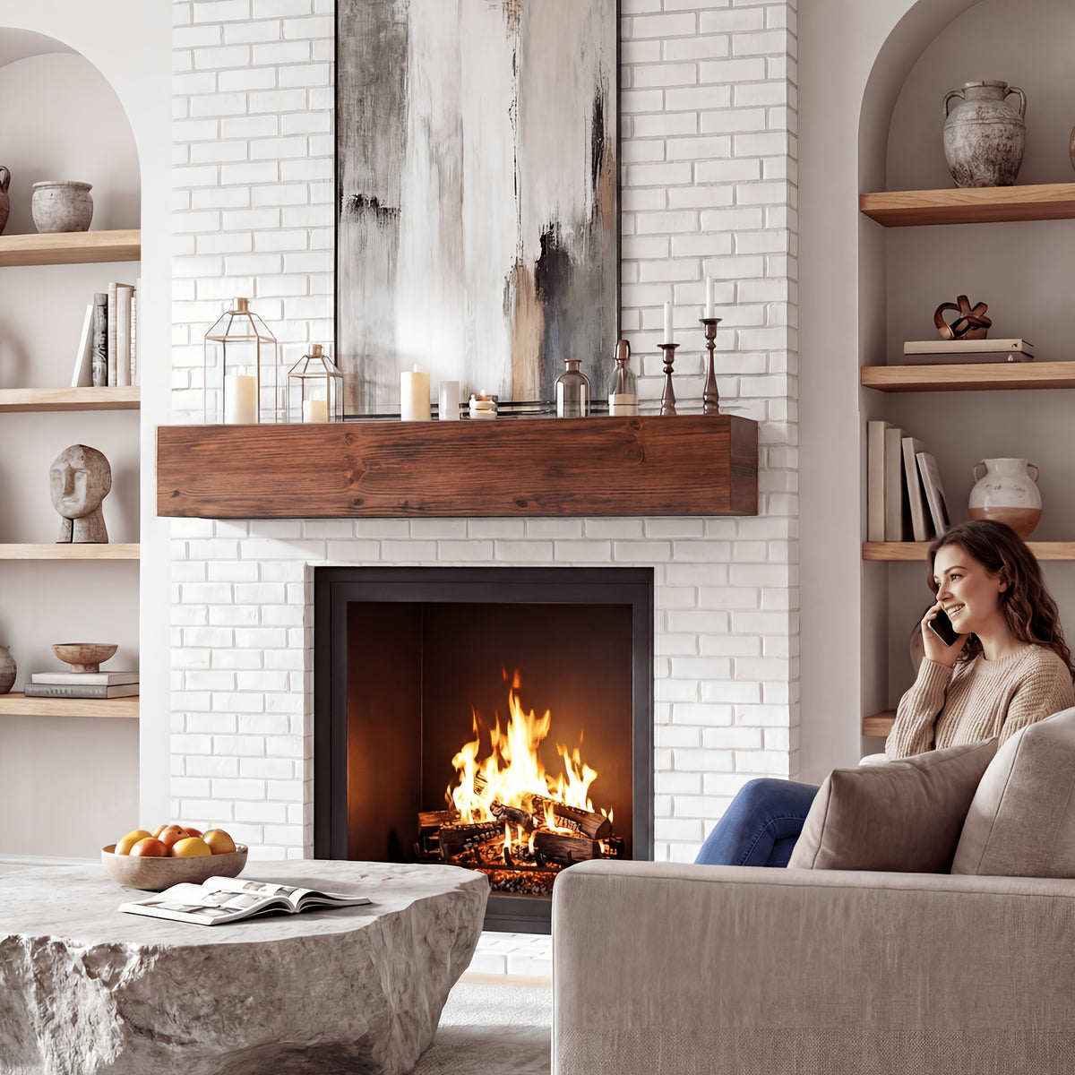Wood Fireplace Mantel Floating Shelf – Heavy Duty Invisible Bracket | Wall Mounted Mantel for Over Fireplace | 5 Colors, 2 Lengths