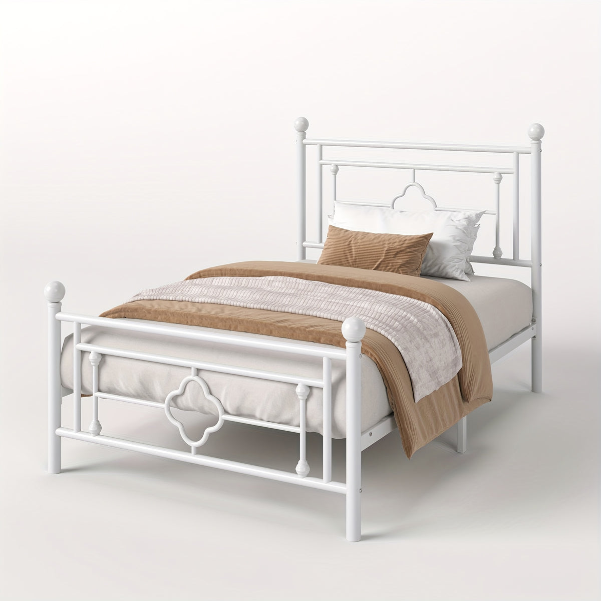 Metal Platform Bed Frame with Vintage Iron Art Headboard Footboard No Box Spring Needed Under Bed Storage Twin Full Queen King Black White Pink Gold