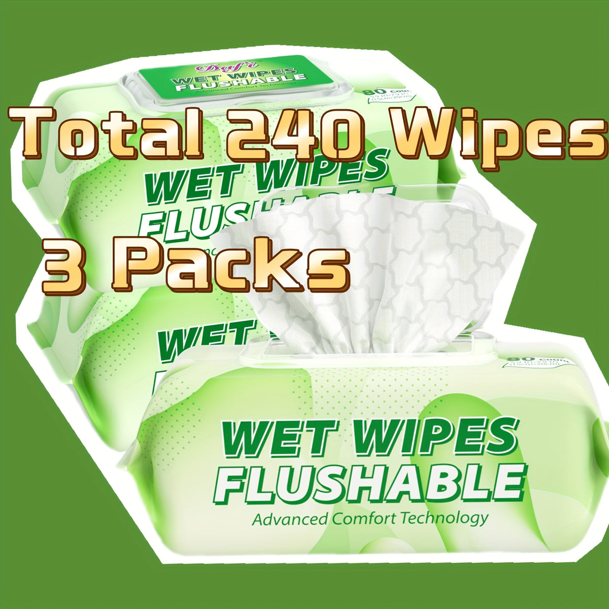 Flushable Wipes for Adults Unscented 240 Pack (3-Pack) - 100% Plant-Based Fibers, No Alcohol, Septic & Sewer Safe Adult Wet Wipes for Sensitive Skin, Gentle Daily Toilet Wipes