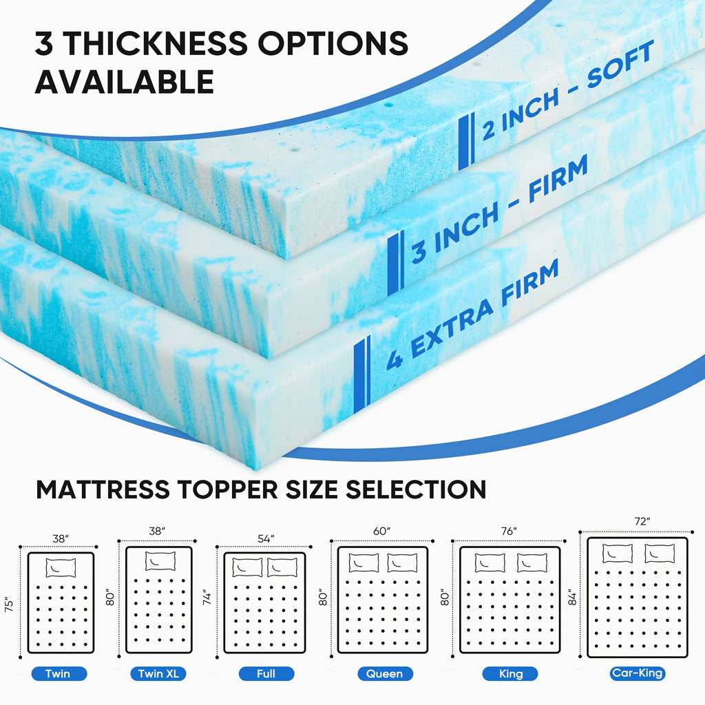 Memory Foam Mattress Topper CertiPUR-US Certified | Cooling Gel | 2" 3" 4" Thick | Standard & 5-Zone | Twin Full Queen King Cal-King