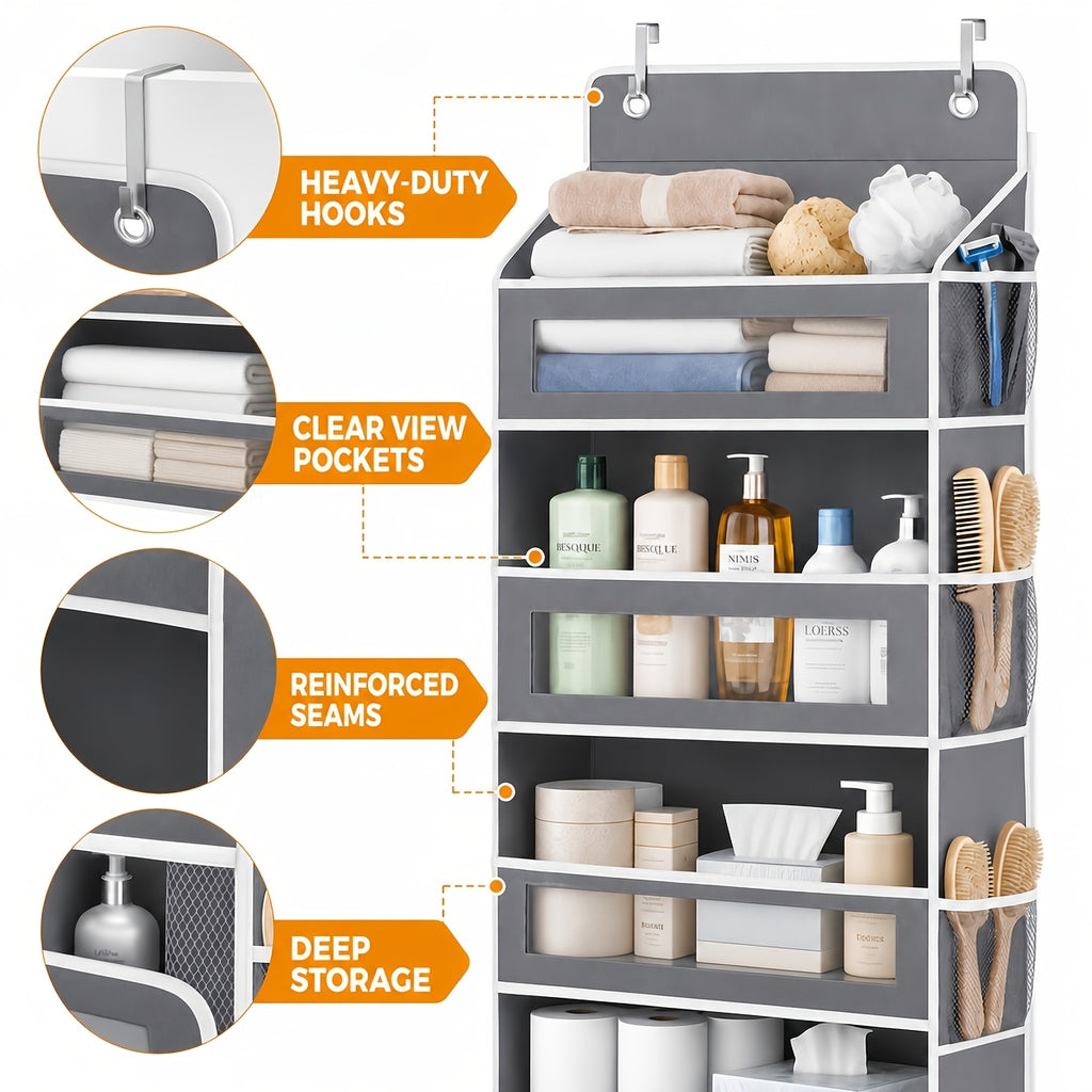 5-Shelf Over Door Hanging Organizer Non-Woven – No Drill Wall & Door Mount Storage Bag with Shelf Baskets for Bedroom, Bathroom & Closet