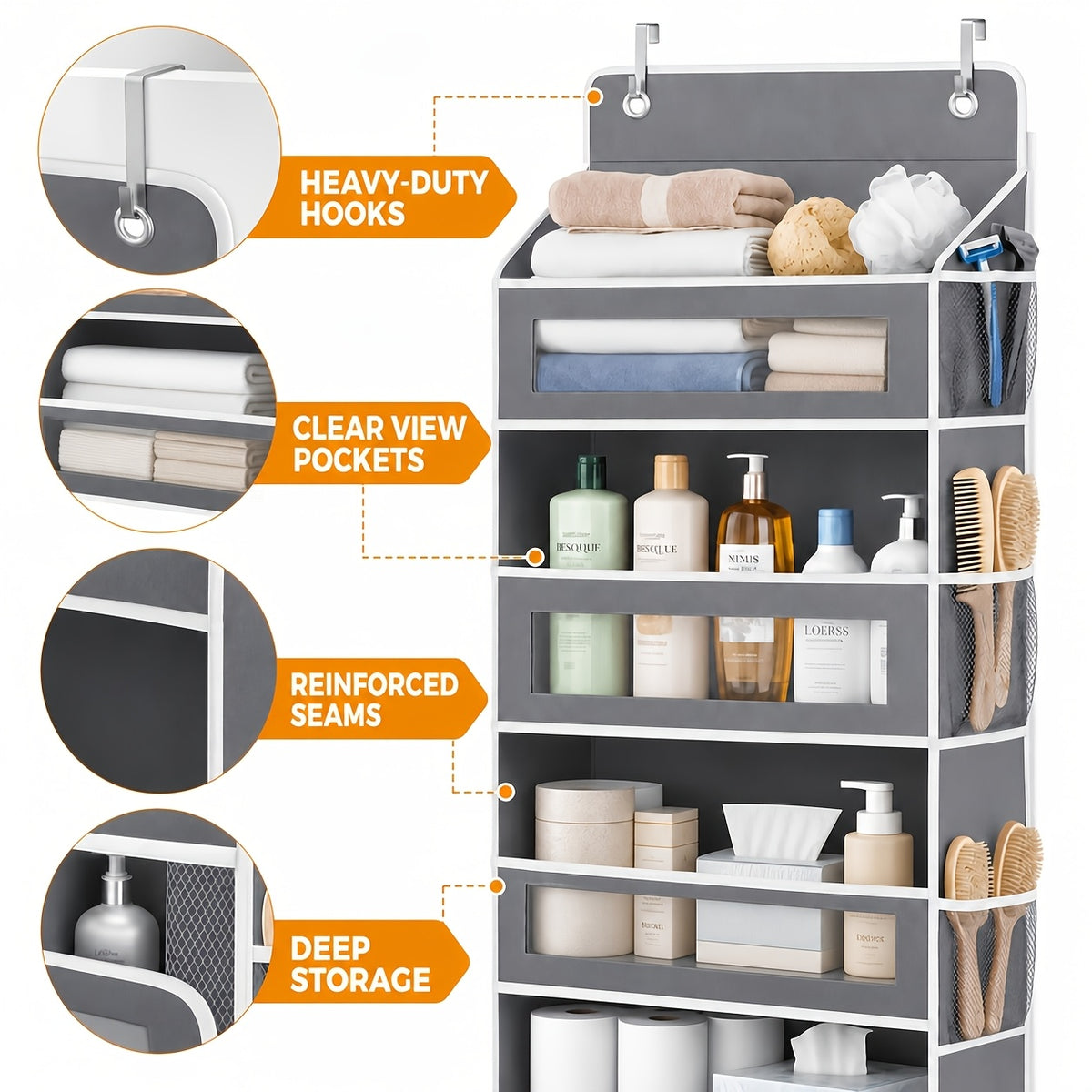 5-Shelf Over Door Hanging Organizer Non-Woven – No Drill Wall & Door Mount Storage Bag with Shelf Baskets for Bedroom, Bathroom & Closet