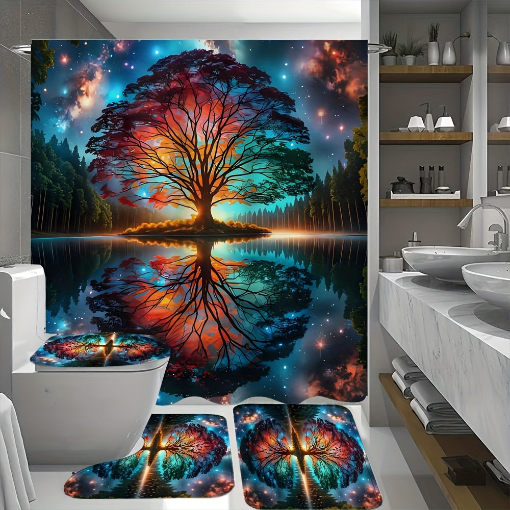 Tree of Life Shower Curtain Set 4 Piece – Includes Shower Curtain with 12 Hooks, Non-Slip Bath Mat, U-Shape Toilet Mat & Lid Cover – Boho Bathroom Decor