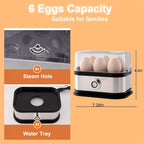Rapid Egg Cooker 6 Egg Capacity Stainless Steel Electric Egg Boiler Hard Medium Soft Boiled Poacher Auto Shut-Off Alarm