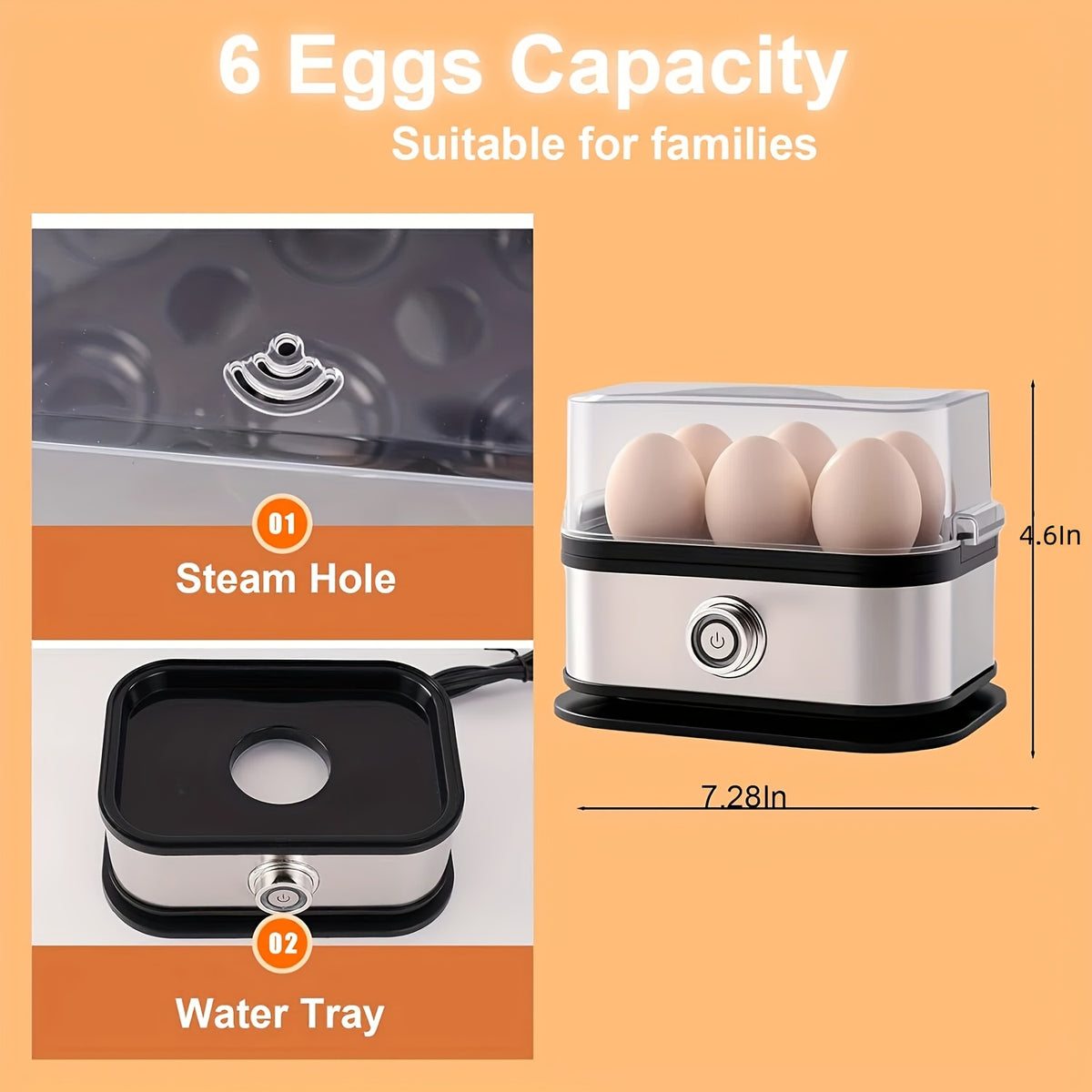 Rapid Egg Cooker 6 Egg Capacity Stainless Steel Electric Egg Boiler Hard Medium Soft Boiled Poacher Auto Shut-Off Alarm