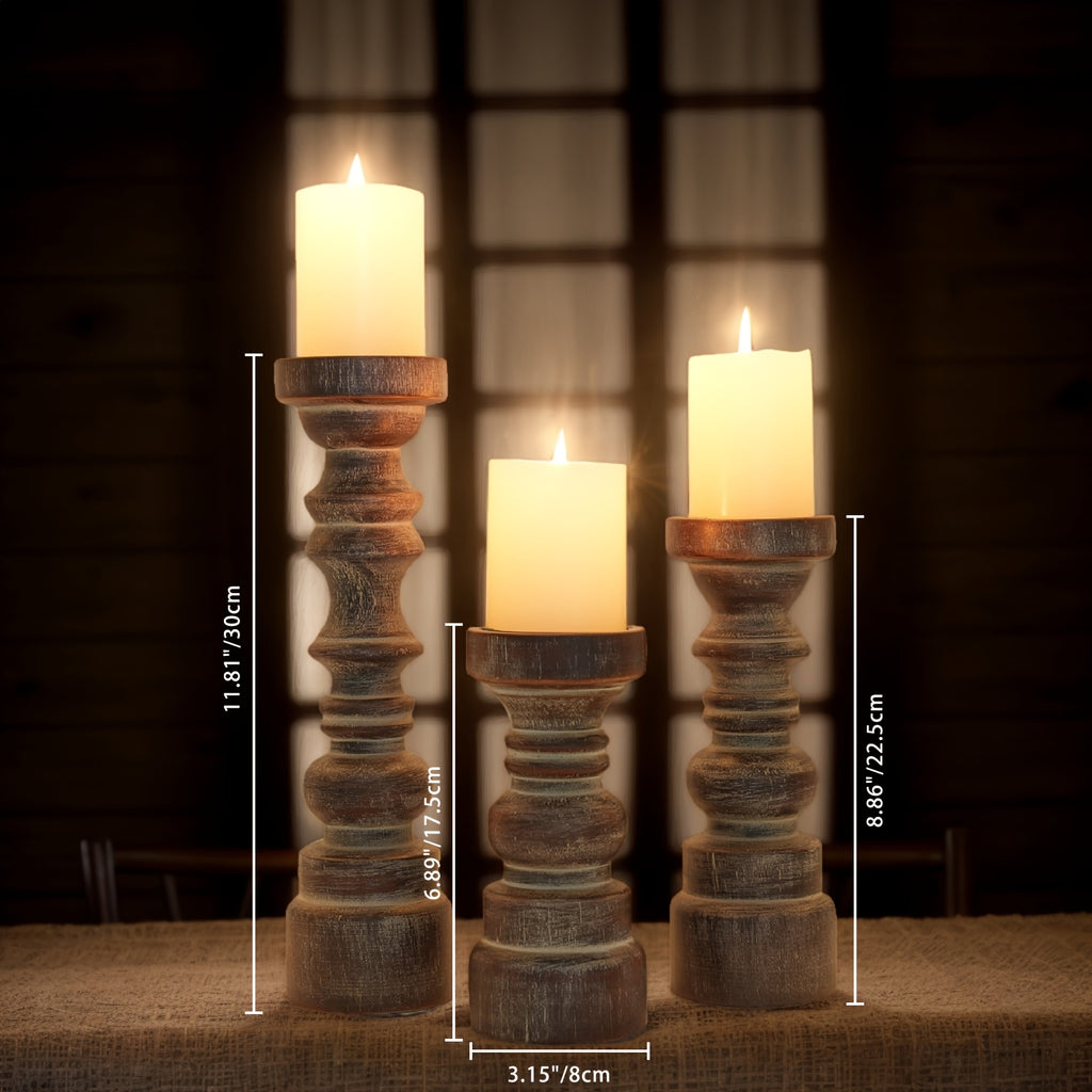 Rustic Wooden Pillar Candle Holders Set of 3 Farmhouse Style Table Centerpiece Coffee Table Fireplace Mantel Home Decor