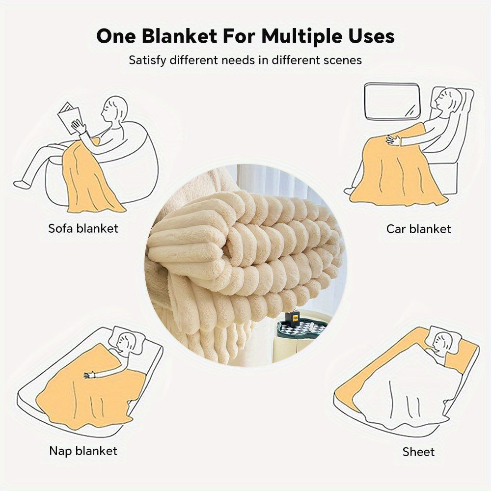 Luxury Faux Rabbit Hair Blanket – Soft Warm Wide Stripe Double-Sided Throw | Machine Washable | Twin, Full, Queen & King | Khaki, Cream, Gray, Black