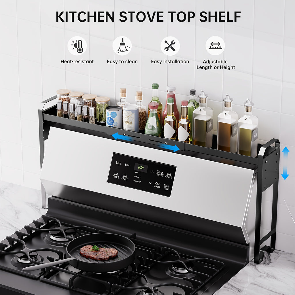 Stove Top Shelf Expandable Spice Rack – Adjustable Back of Stove & Over Sink Shelf for Kitchen Storage Organization, Black