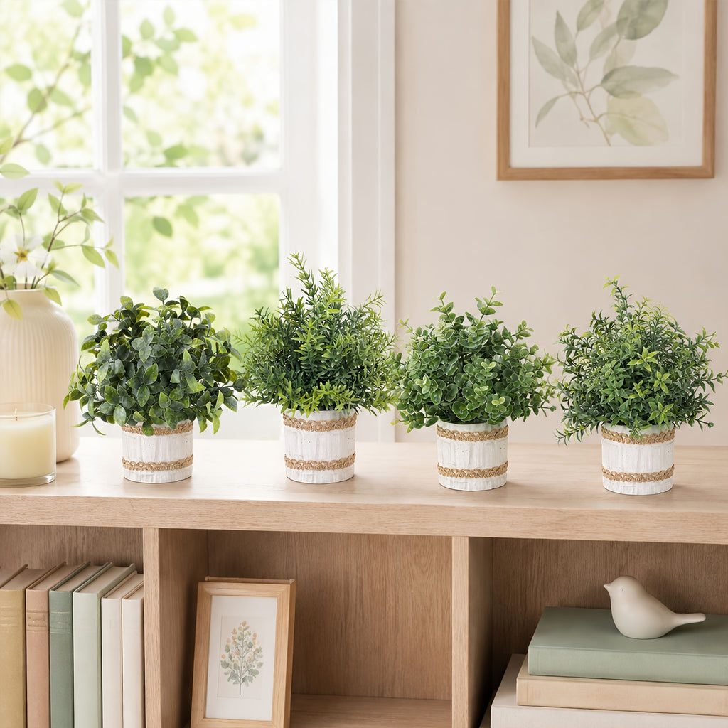 4-Pack Small Artificial Potted Plants Indoor Faux Greenery in Paper Pulp Pots for Shelf Desk Home Farmhouse Bathroom Room Decor