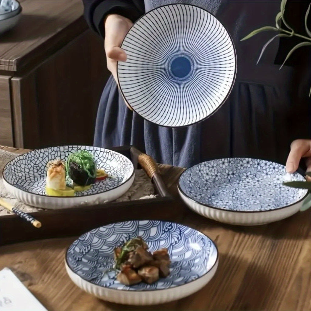 4-Piece Japanese Style Ceramic Plate Set 7 Inch Deep Round Serving Plates Nordic Floral Underglaze Non-Slip Edge for Steak Salad Home Kitchen