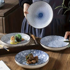 4-Piece Japanese Style Ceramic Plate Set 7 Inch Deep Round Serving Plates Nordic Floral Underglaze Non-Slip Edge for Steak Salad Home Kitchen