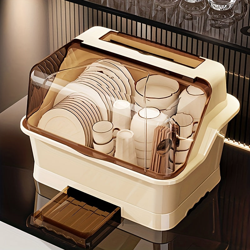 Covered Dish Organizer & Cutlery Holder with Drain Plate - Space-Saving Countertop Rack, Dust-Proof, Cream, Large & Extra Large